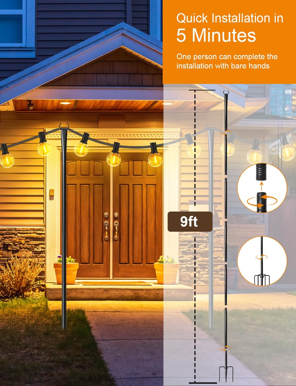 4 Pack String Light Poles for Outside, Thickened Metal 4 Pack, Black