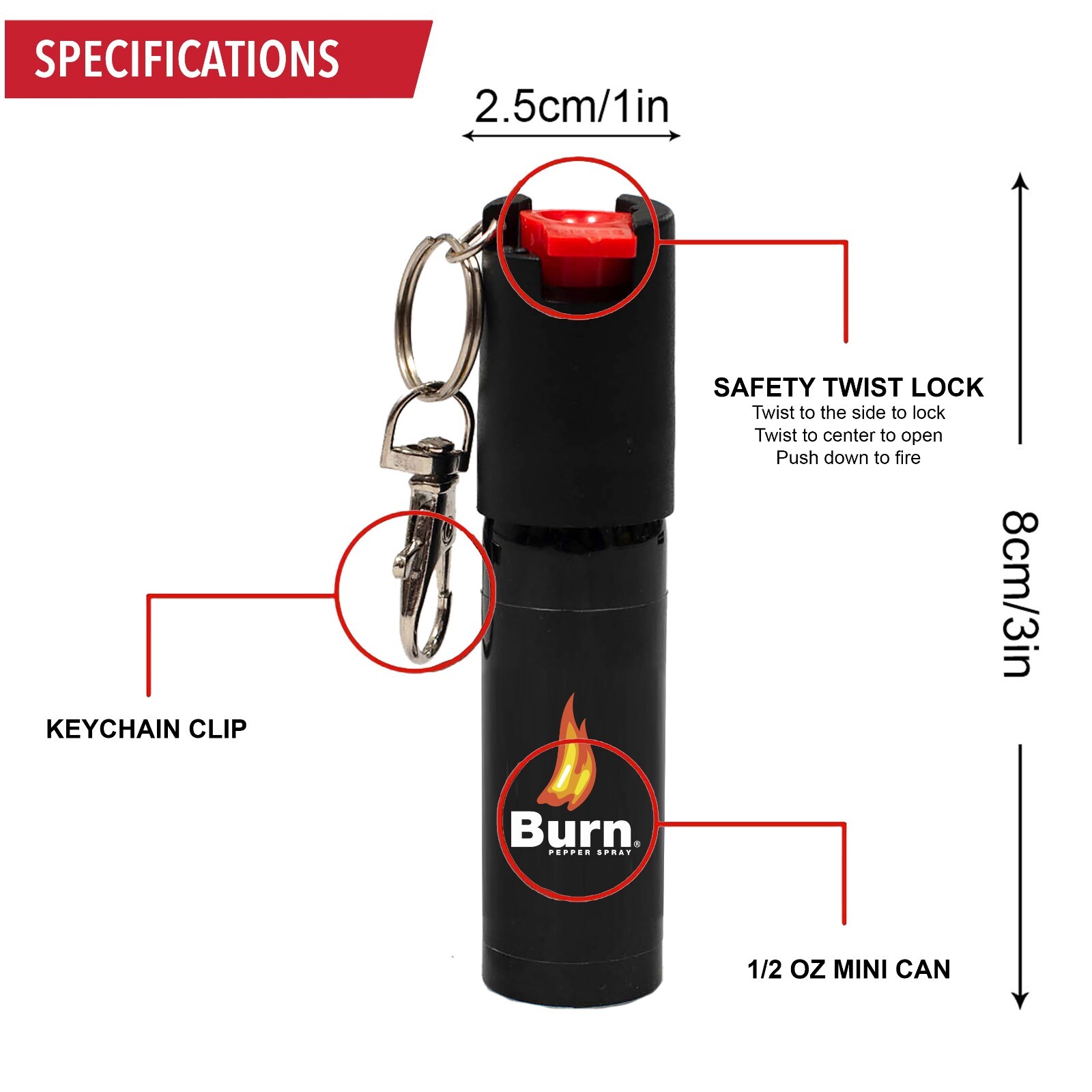 BURN Pepper Spray Keychain for Self Defense - 1/2 oz Keyring Clip Black