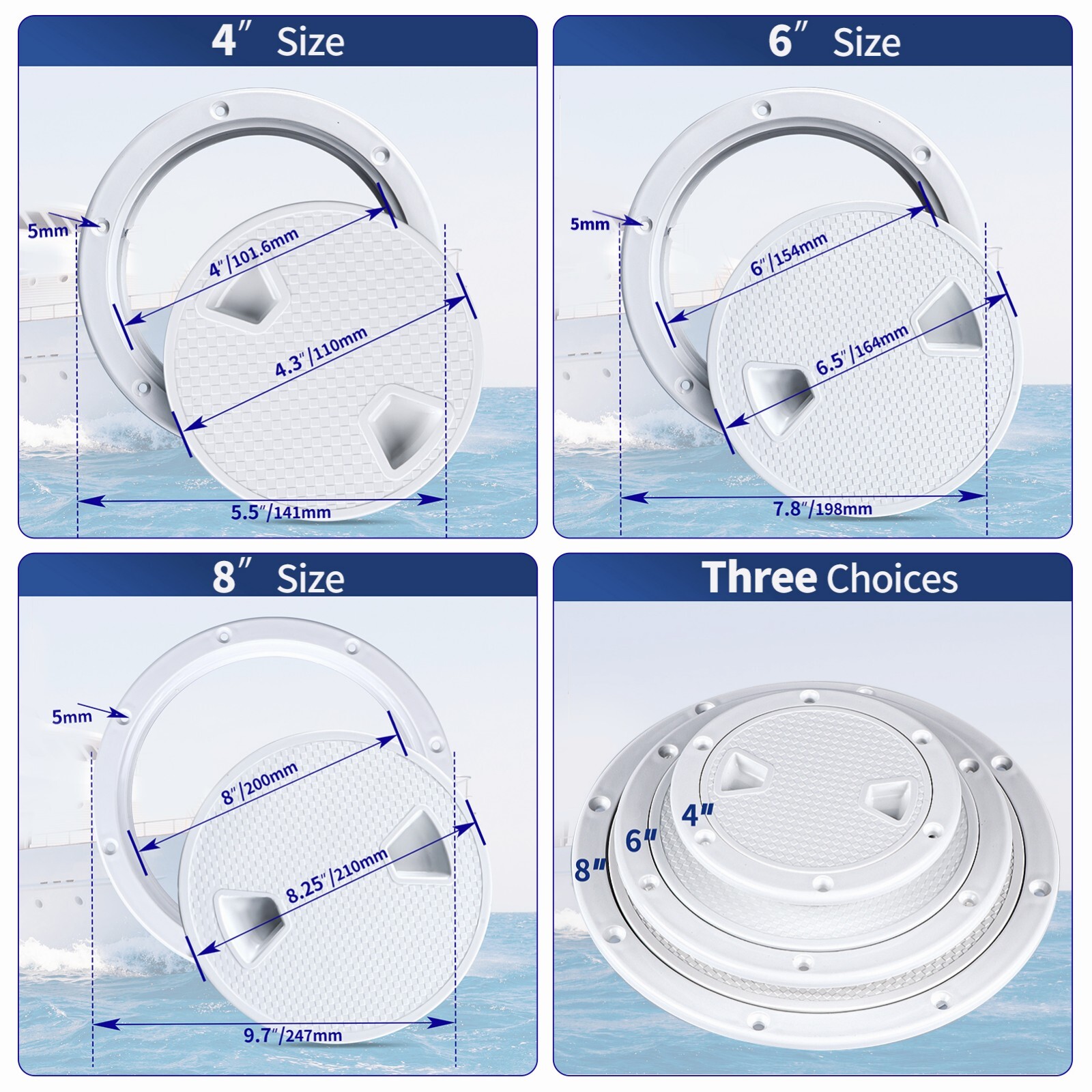 Boat Hatch White -Black 4" 6" 8" Round Inspection Hatch & Boat Hatch Cover Lids