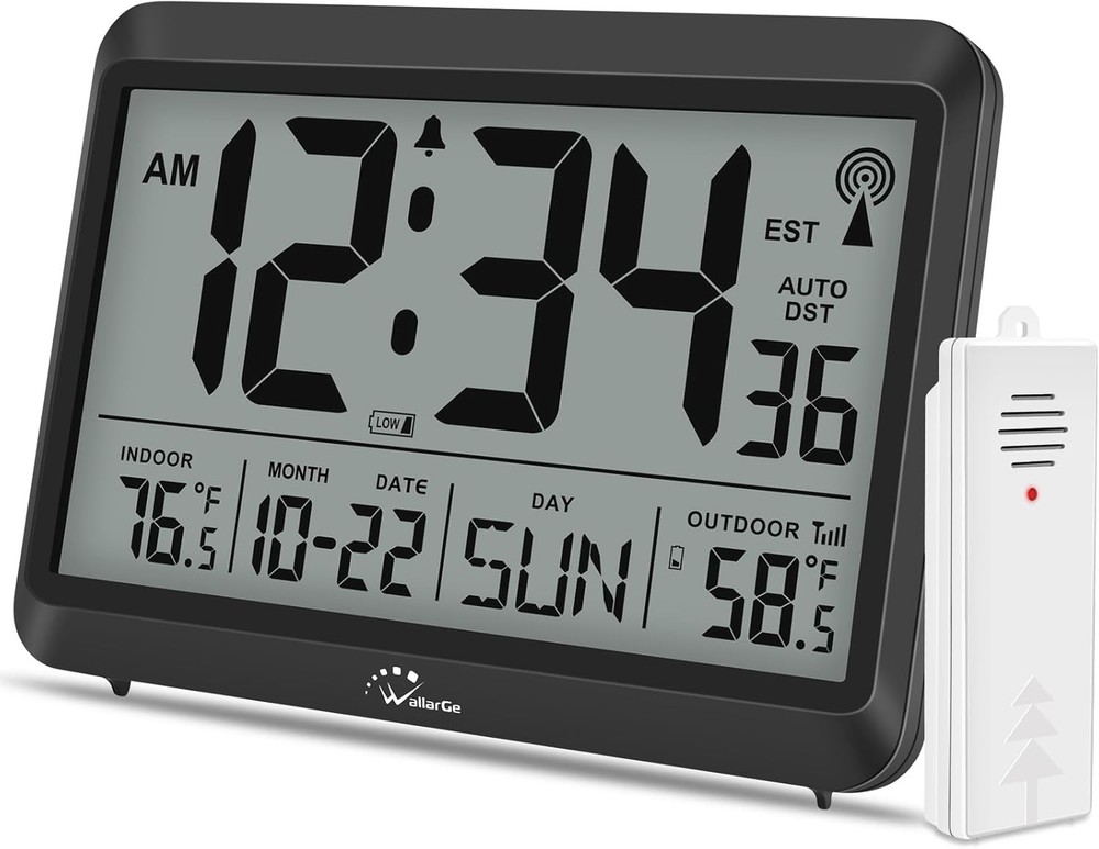 Modern Atomic Wall Clock - Self-Setting, Indoor Outdoor Temp