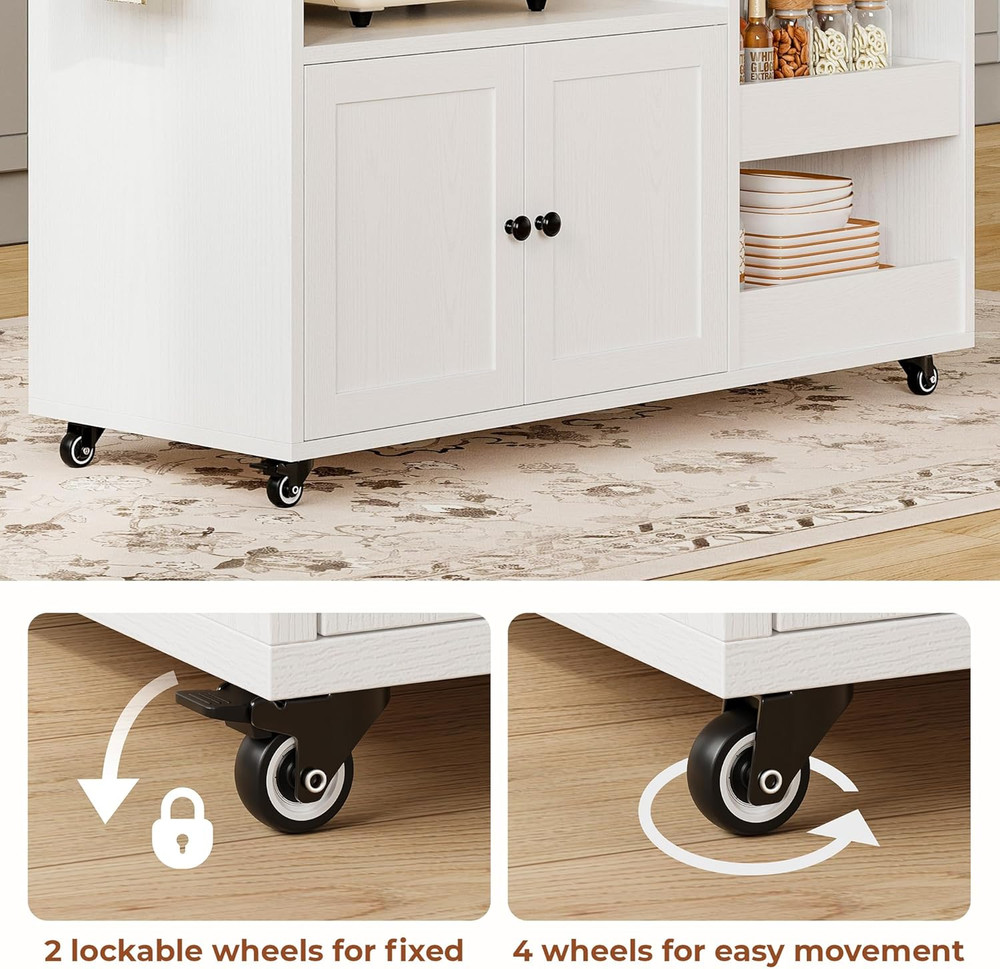 Rolling Kitchen Island Cart with Drop Leaf, Storage & Wheels - White