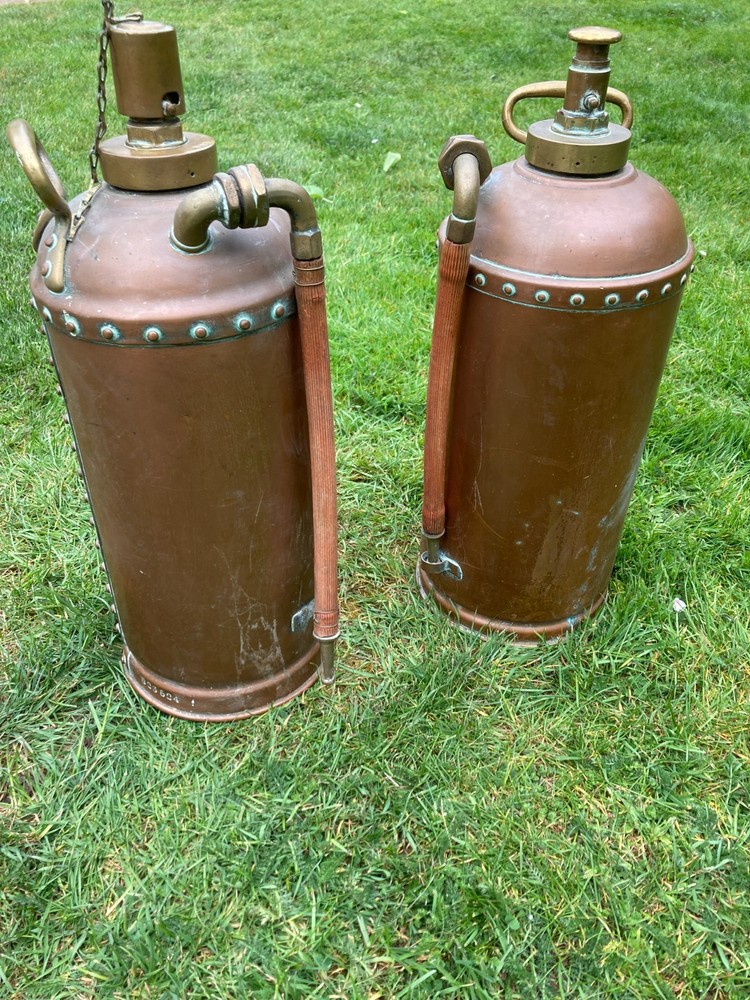 ANTIQUE BRASS & COPPER RIVETED FIRE EXTINGUISHERS possibly marine ,rare , empty