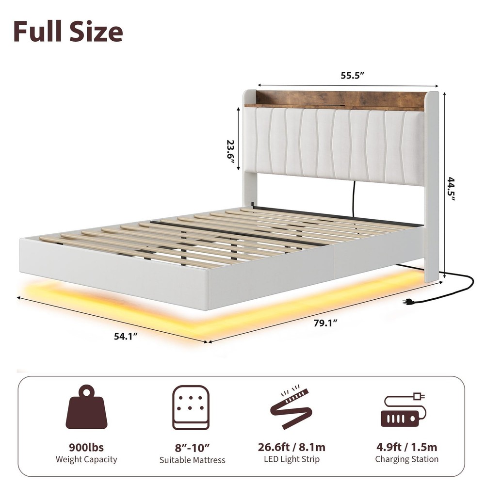 🔝Full Queen King Floating Bed Frame LED Upholstered Platform Headboard Storage