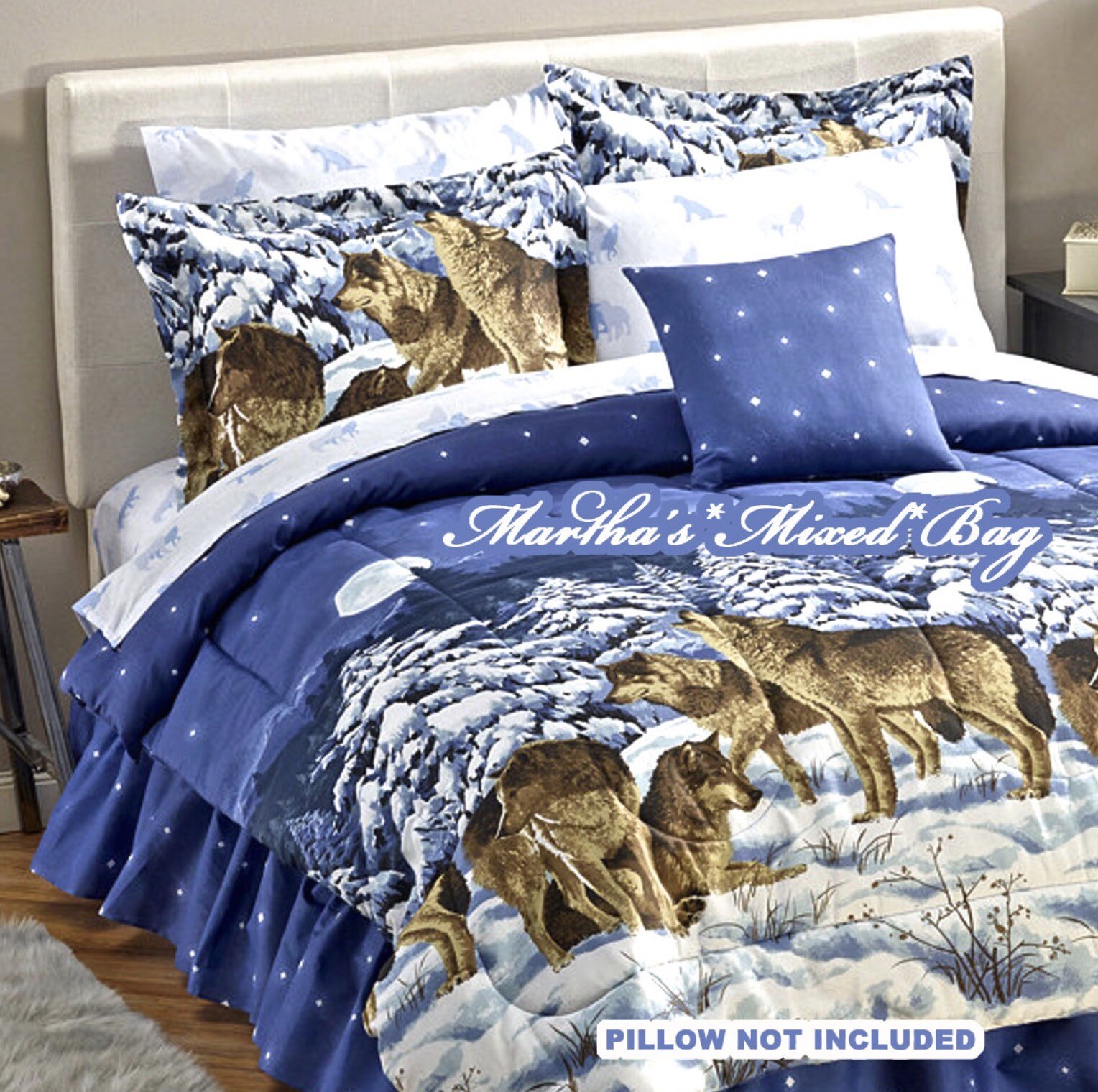MIDNIGHT WOLVES Bed In Bag Howling Pack Wolf Bedding Blue Comforter & Sheet Set