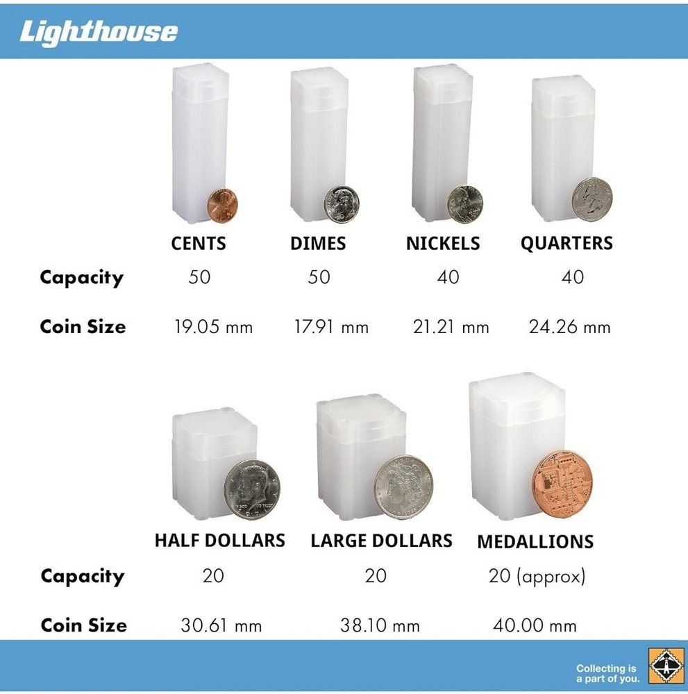 Lighthouse - Square Coin Tubes - Convenient Push Top, Virtually Unbreakable,...