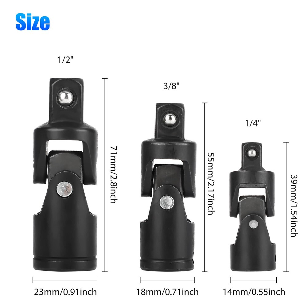 3x 1/4" 3/8" 1/2" Drive Swivel Impact Universal Joint Socket Adapter Tool Set