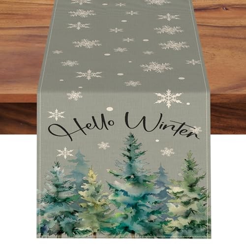 Hello Winter Pine Tree Grey Dining Table Runner, Watercolor Snowflake Burlap