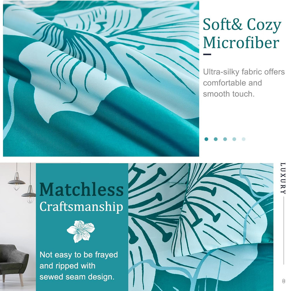 Queen Comforter Set Gradient Teal Bedding Floral Comforter Sets - Soft Microfibe