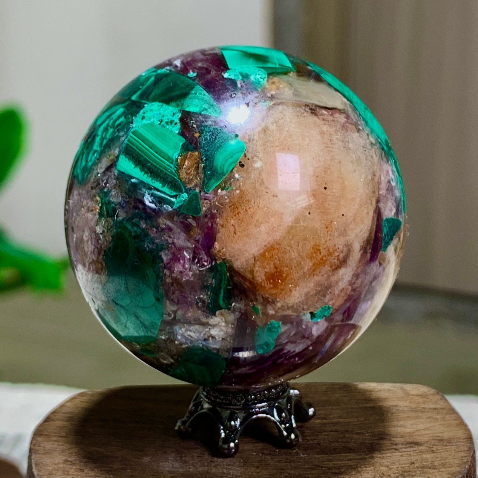 105G Newly discovered rare malachite purple mica symbiotic sphere restoration