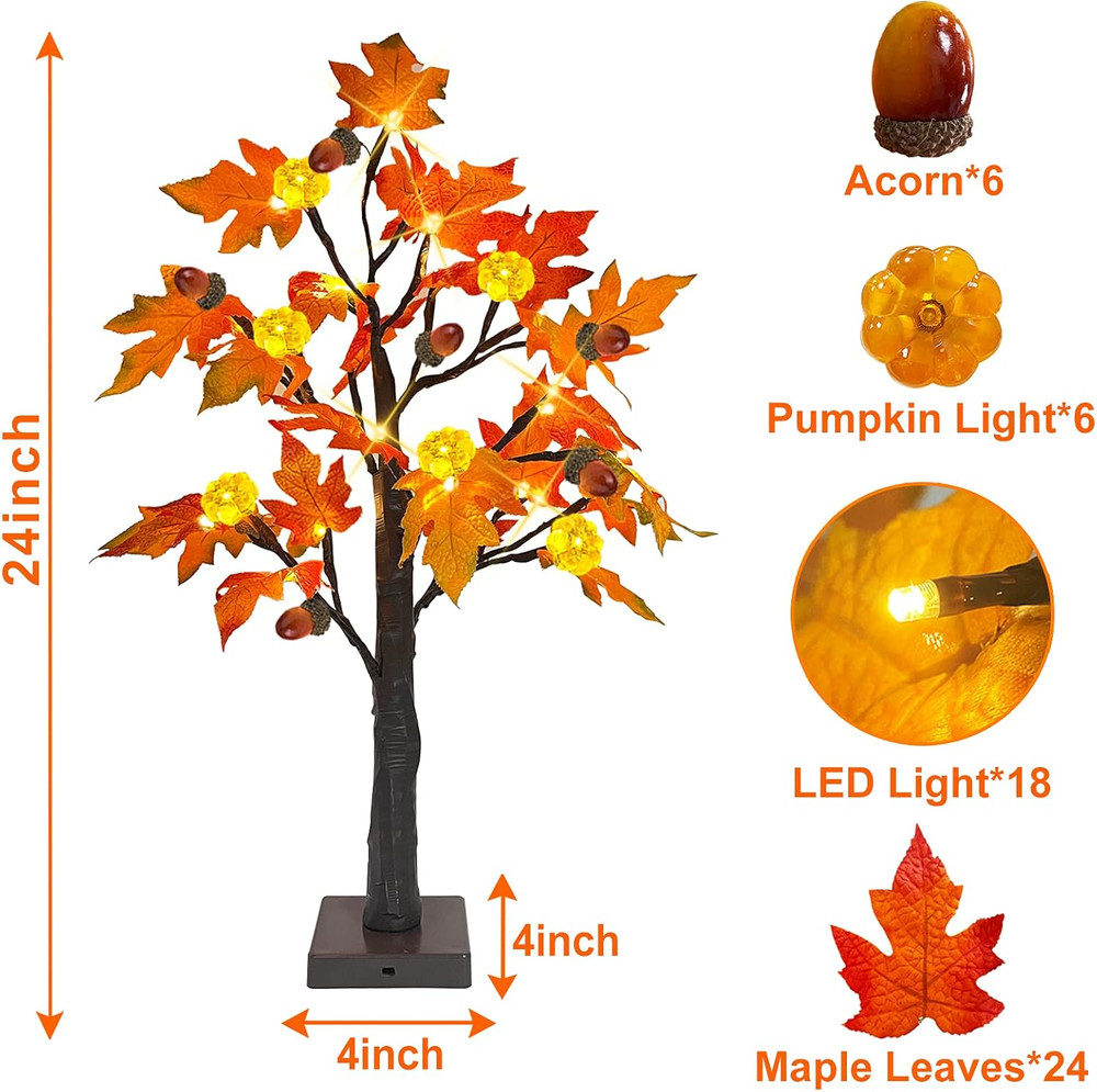 Thanksgiving Fall Decor-2 Pack 24 Inch Prelit Fall Maple Tree 48Leds Timer Acorn
