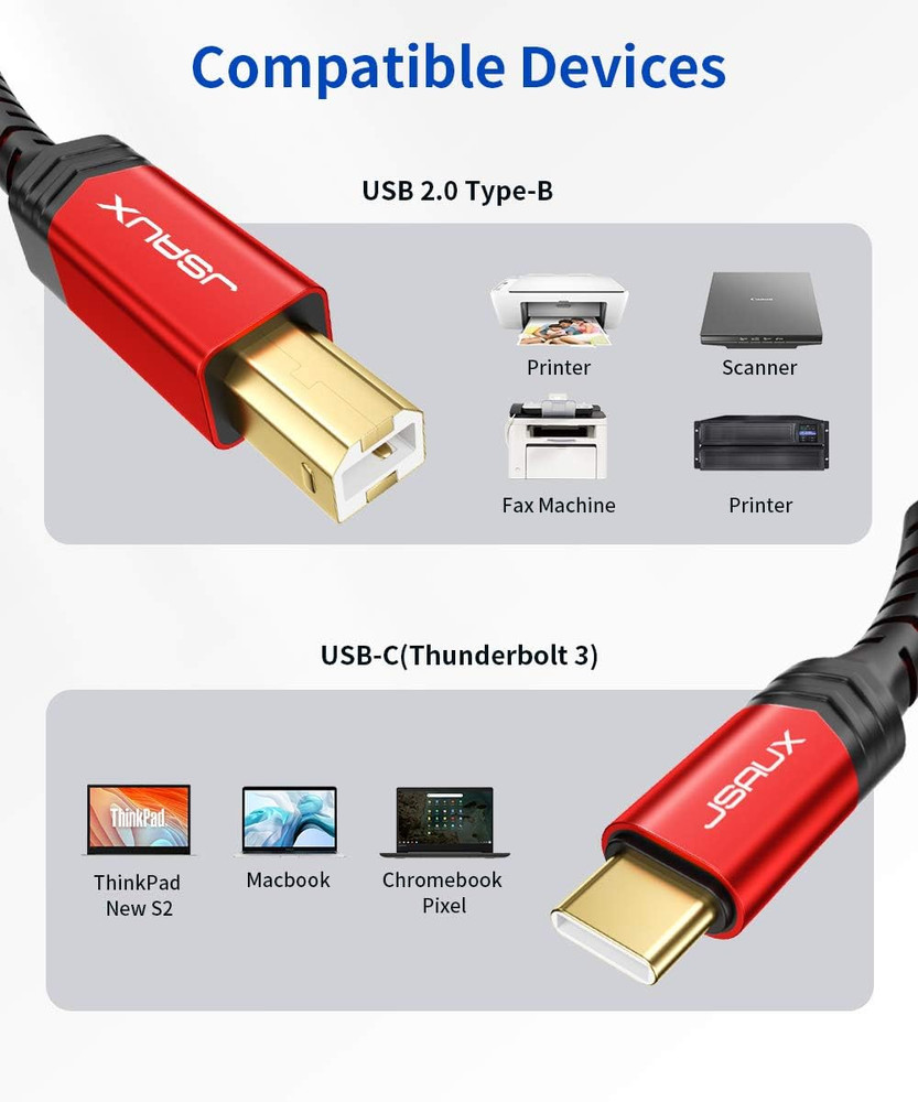USB B to USB C Cable 10Ft, USB C Printer Cable Compatible with Macbook Pro, HP,