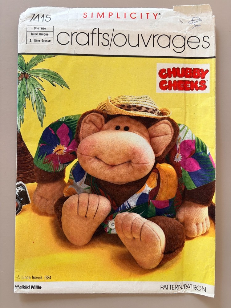 Simplicity Chubby Cheeks Waikiki Willie Monkey,Clothes Pattern 7415 Size 8" UNC