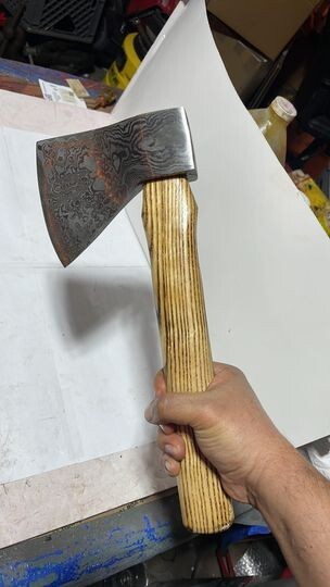 Custom Connie Bay pattern damascus throwing hatchet with sheath!