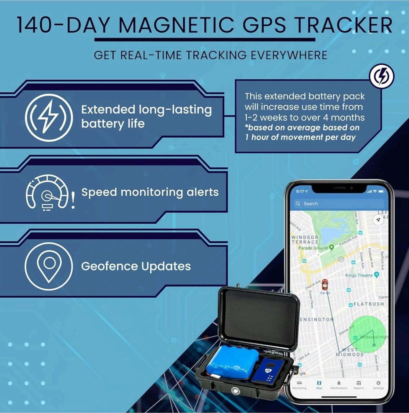 140-Day GPS Tracking Device for Vehicles with Magnetic Case & Extended Battery