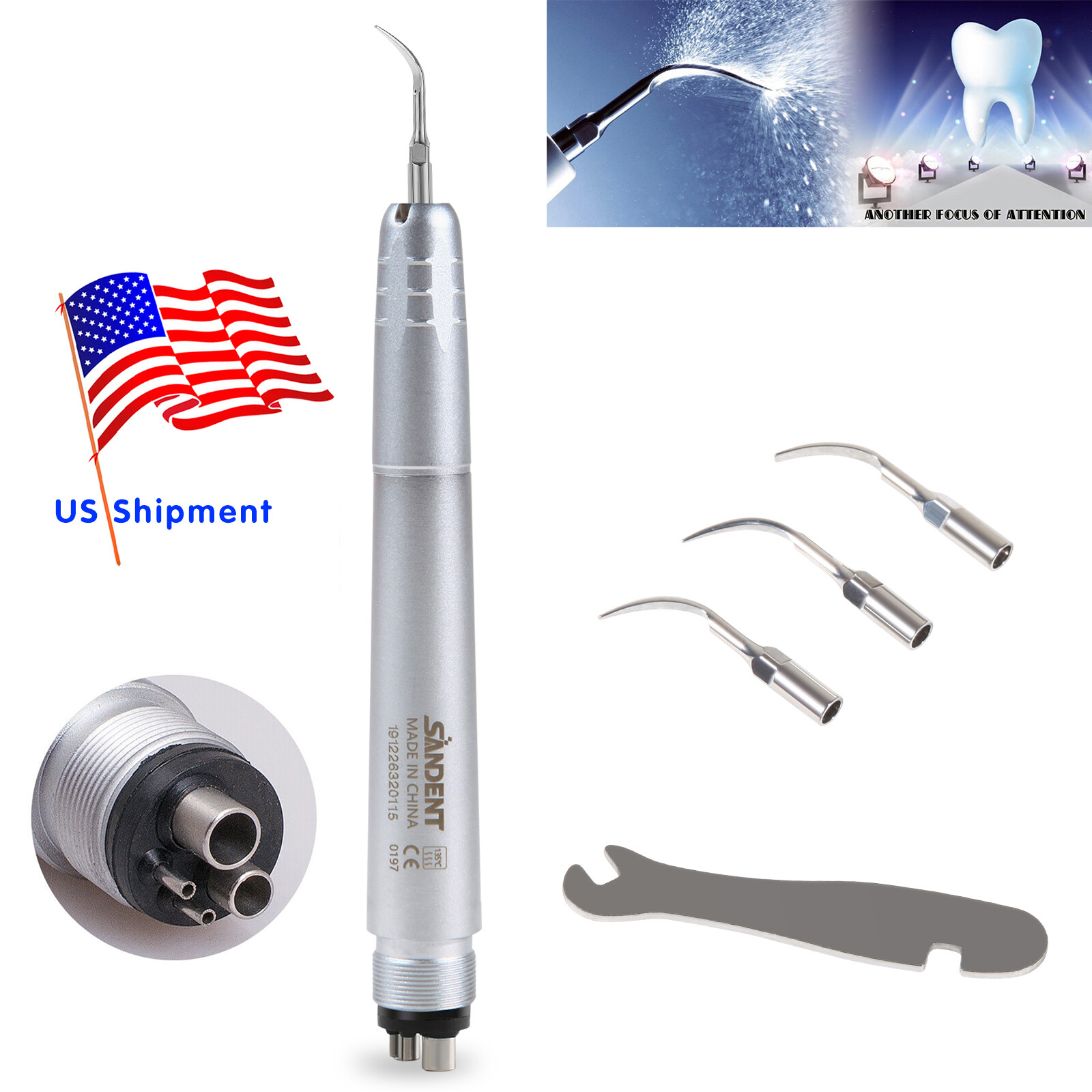 USA Dental Ultrasonic Air Perio Scaler Handpiece Hygienist 2 & 4-Holes 3 Tips CE