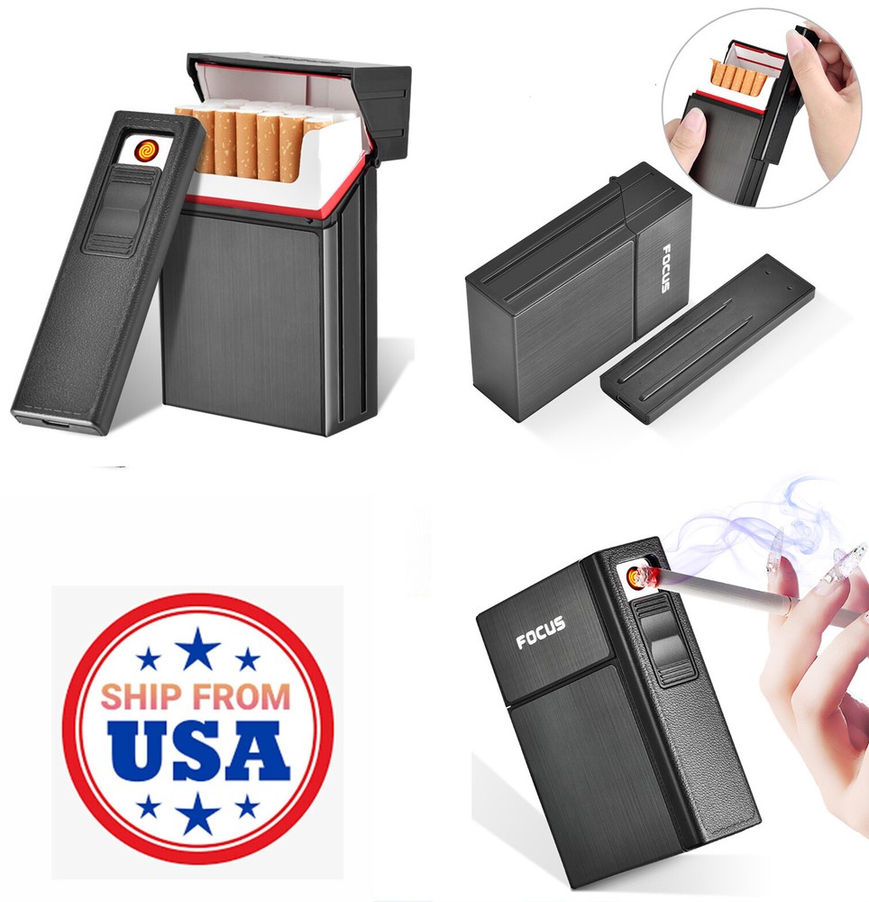 Cigarette Case with Lighter Holder for 20 Cigarettes Windproof USB Rechargeable