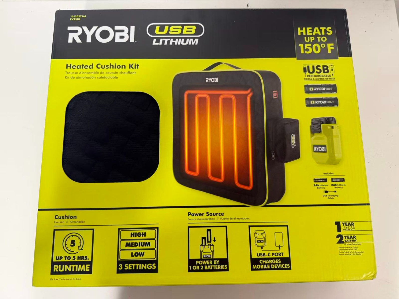 RYOBI Lithium Cordless Heated Cushion Kit with (2) 2.0 Ah Batteries and Charging