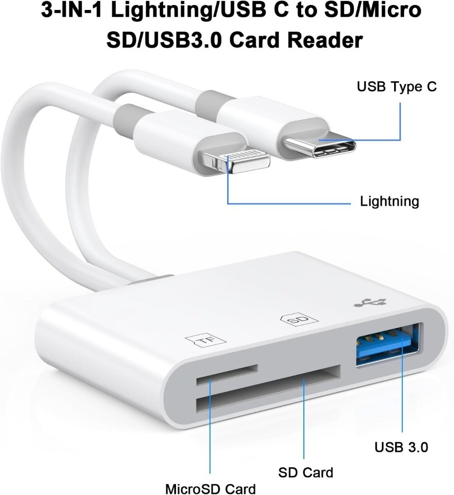 Memory Card Reader - USB C & Lightning to SD/TF/OTG for Micro SD/SDHC/MMC