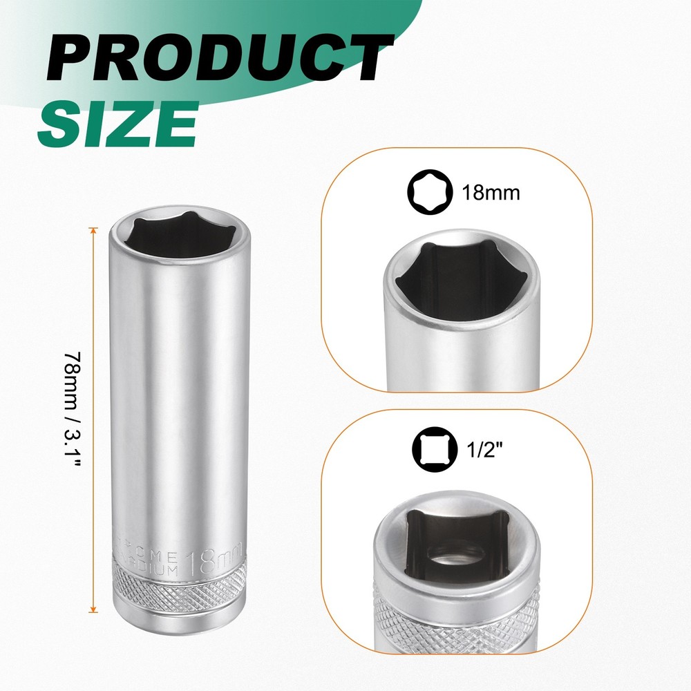 6 Points Deep Socket 1/2" Drive 18mm Nickel Plating Hex Socket 3.1" Long