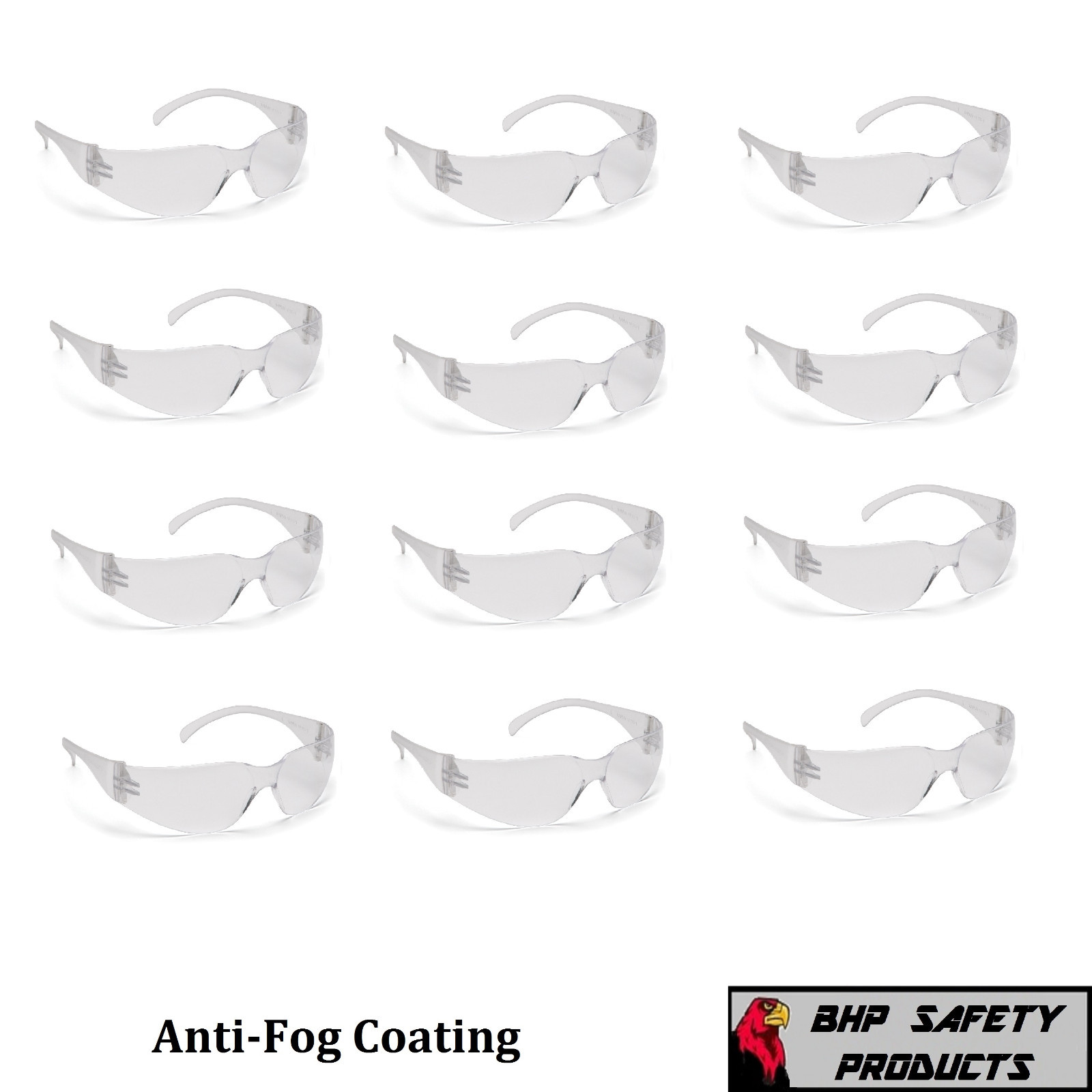 Safety Glasses, Scratch-Resistant, Anti-Fog, Clear Lens Color, Lot of 12
