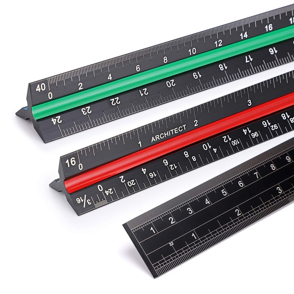 OwnMy 3 Pack 12 Inch Solid Aluminum Triangular Architect Scale Ruler Black