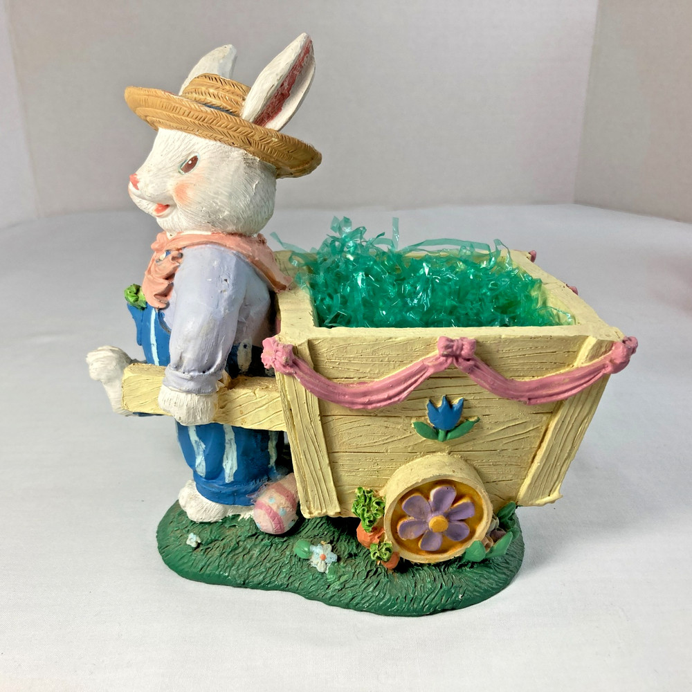 Spring Easter Bunny Figurine Rabbit Straw Hat Blue Overalls Pulling Wheelbarrow