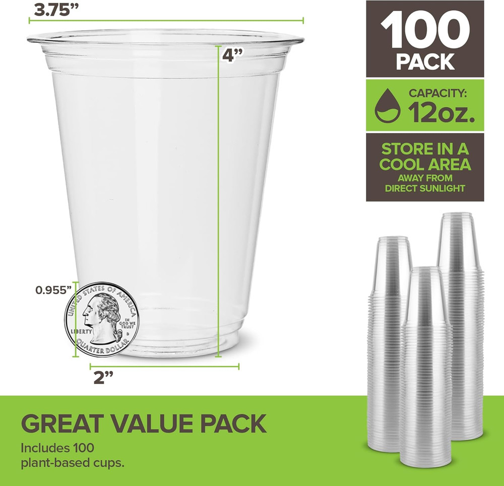 12 Oz Clear Commercially Compostable Cold Cups (100 Pack), Eco Party Cup, Enviro