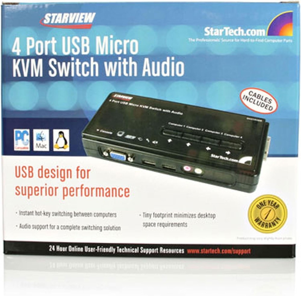 ✨ StarTech 4 Port USB VGA KVM Switch Kit with Cables & Audio - SV411KUSB
