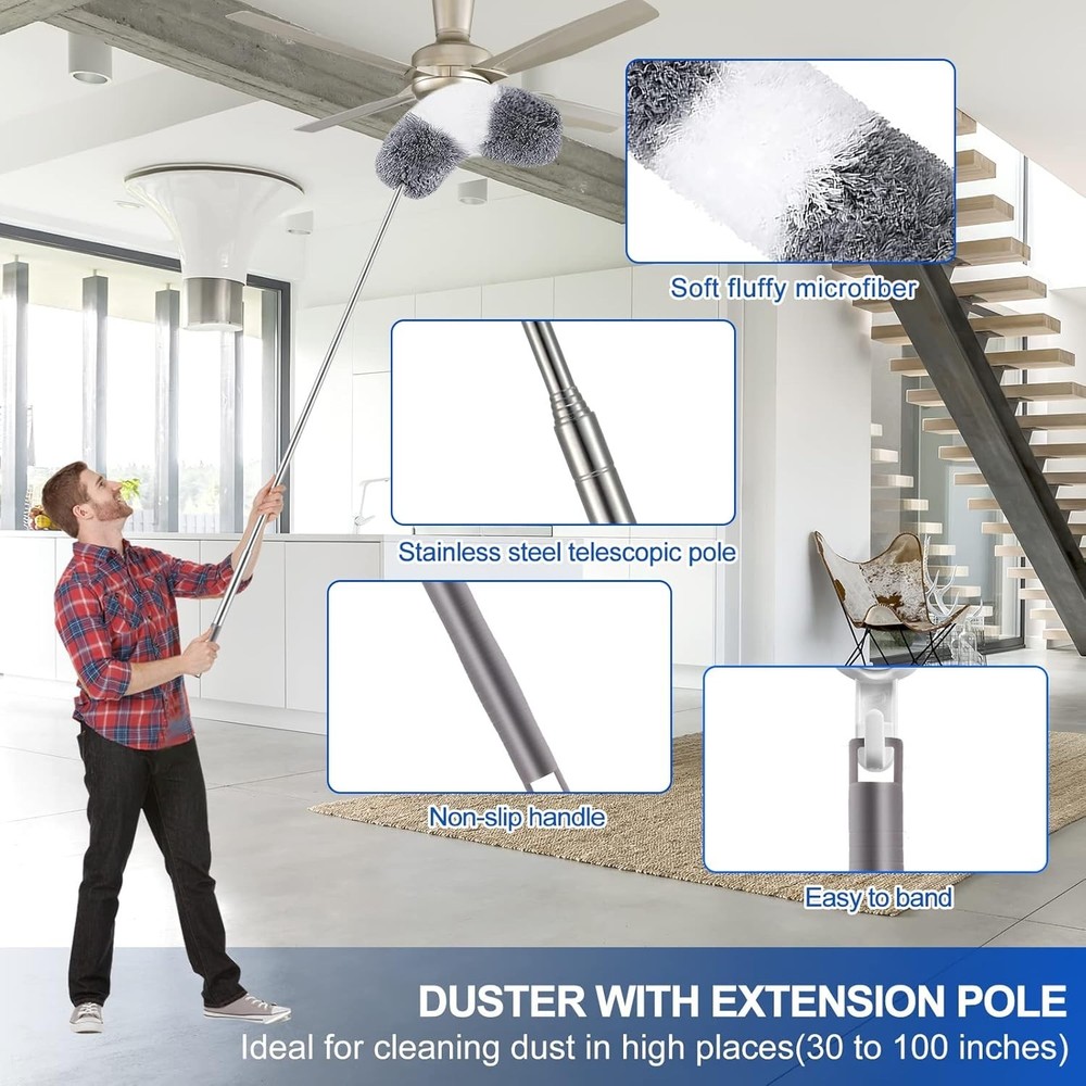 Microfiber Duster Kit 11PCS - Washable Dusters with Extension Pole 30 to 100 ...