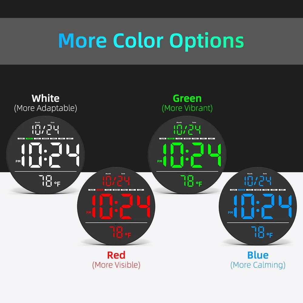 Digital LED Wall Clock w/ Large Display, Date, Temp, Auto-Brightness - 80 Charac
