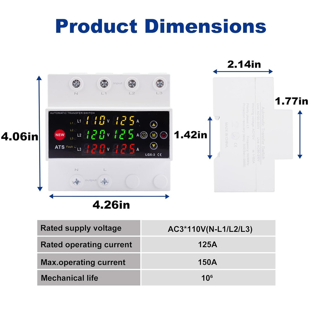 Automatic Generator Transfer Switch, 125A 120V 3 Pole Transfer Switch for Genera