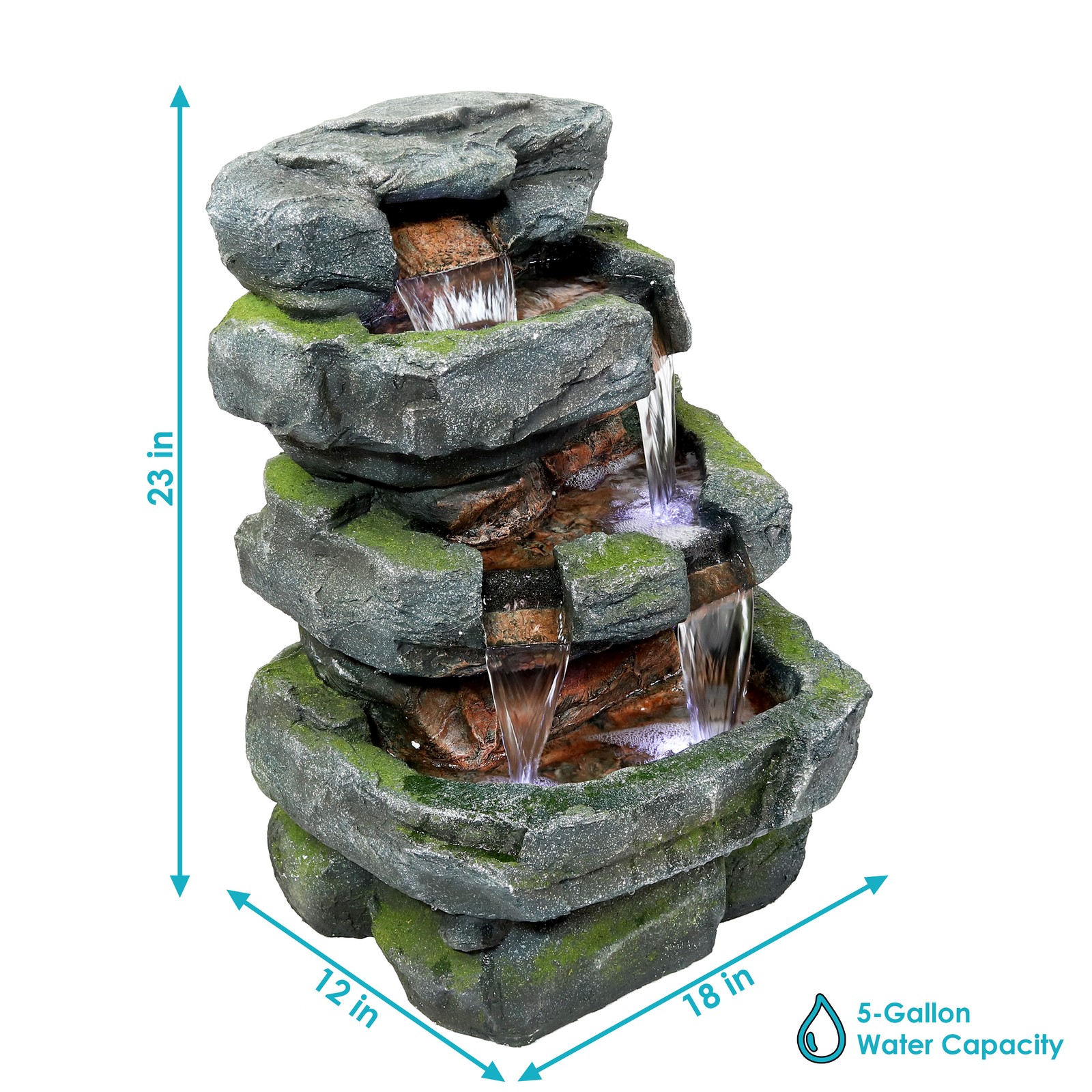Electric Tiered Stone Waterfall Fountain with LED Lights - 23 in by Sunnydaze