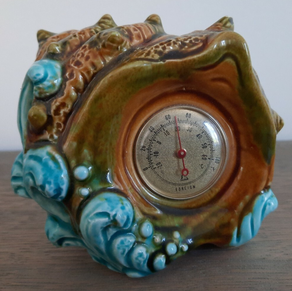 VTG Minco Foreign Thermometer Ceramic Seashell Beach Waves Brown Blue Shell