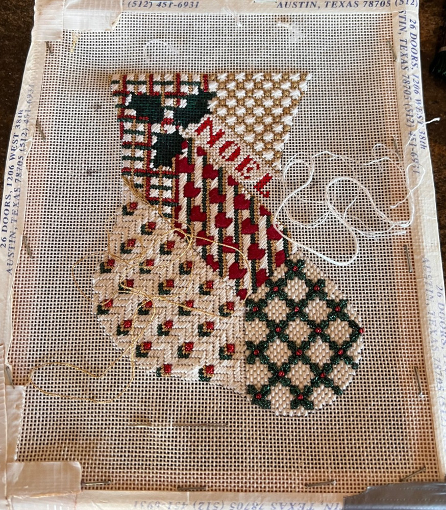 NOEL MINI SOCK NEEDLEPOINT 90% Complete Instructions Side Notes Floss, Metallic