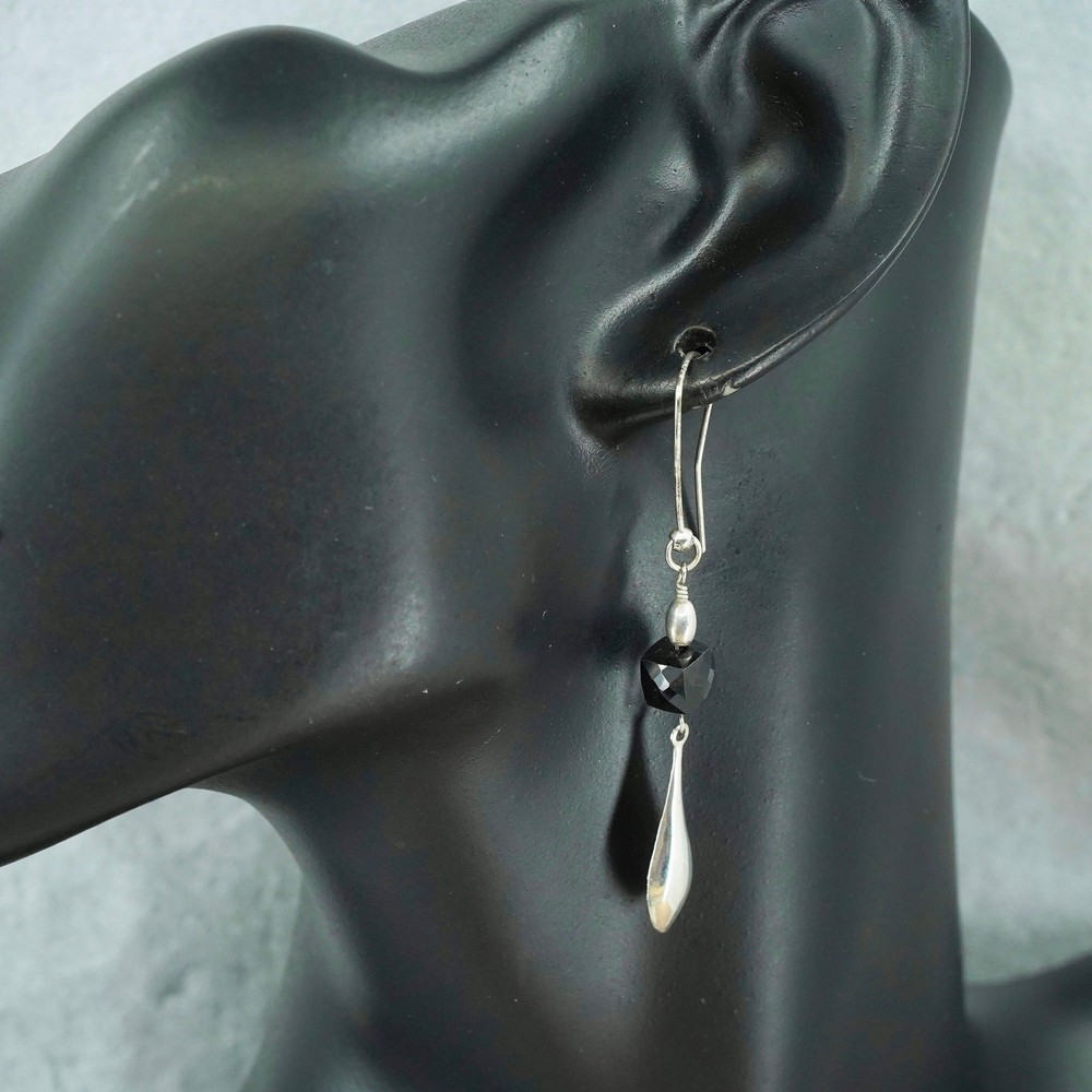 Vintage Sterling 925 silver handmade rectangular earrings with obsidian