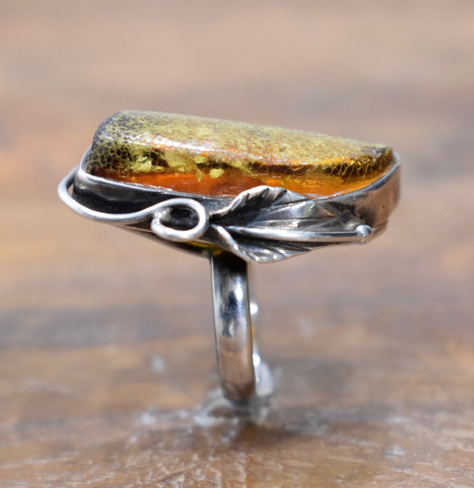 Ring Sterling Silver Baltic Amber Leaf Ring