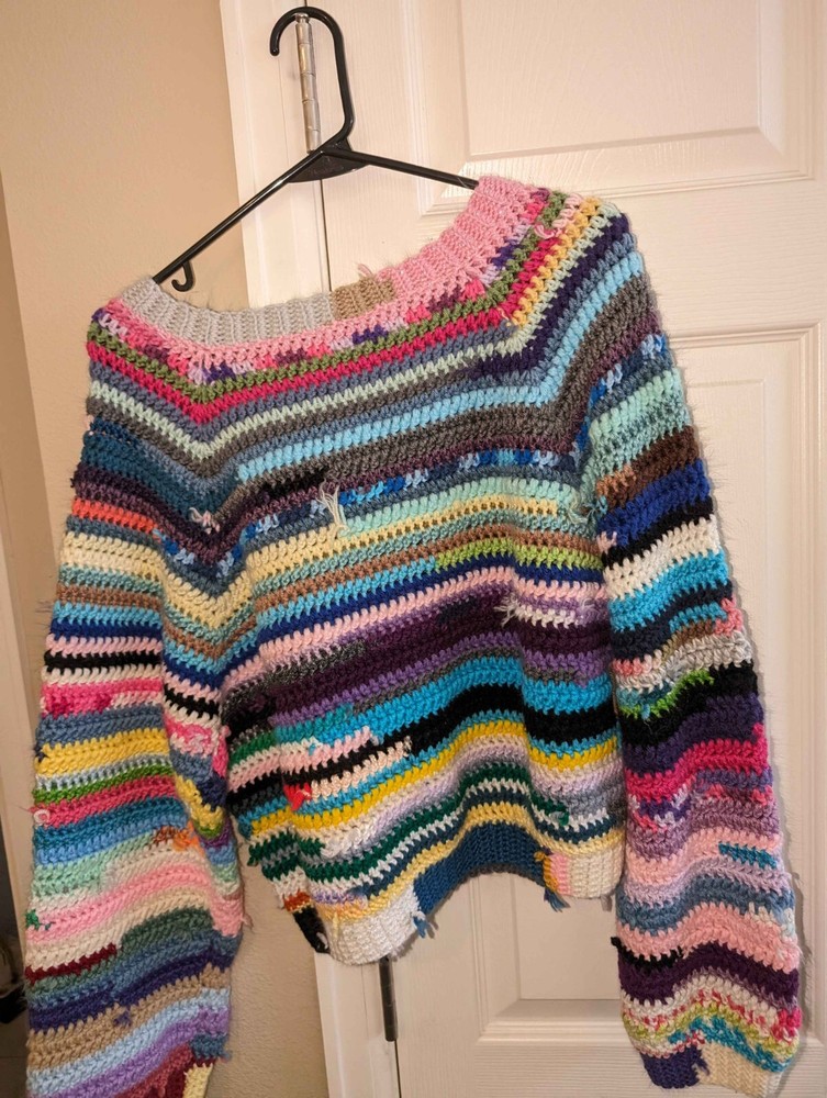 Handmade Raglan Style Crocheted Scrap Sweater Yarn Sized Medium