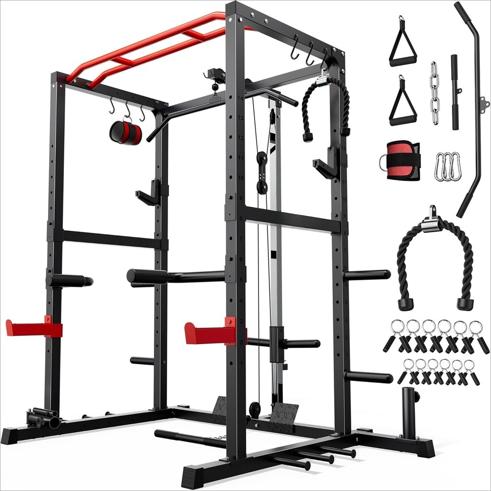 Squat Rack, LAT Power Cage, Power Rack Multi-Function with Pulley System and Tra