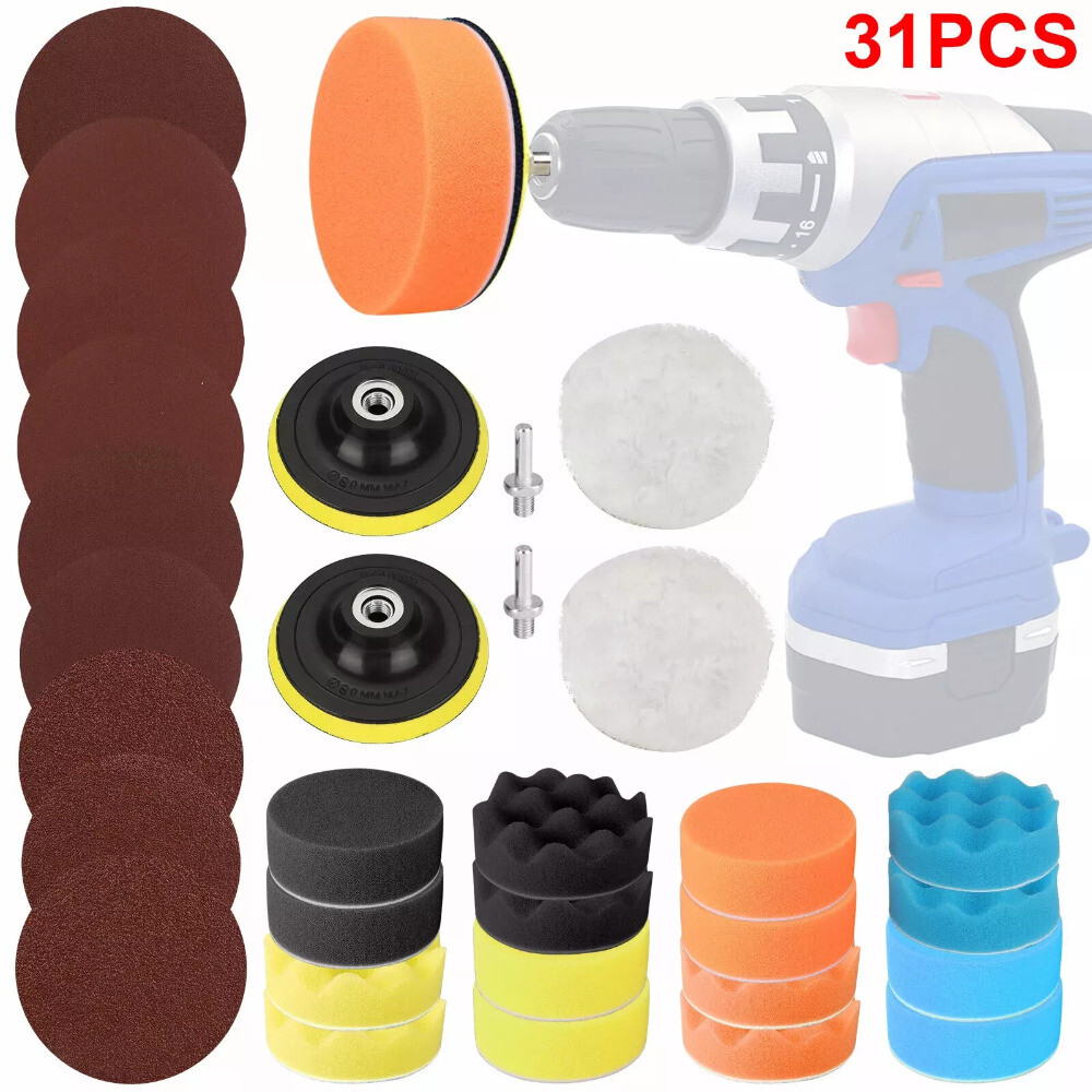 31PCS Foam Drill Polishing Pads Kit Car Hub Waxing Buffing Wheel Polisher 3"