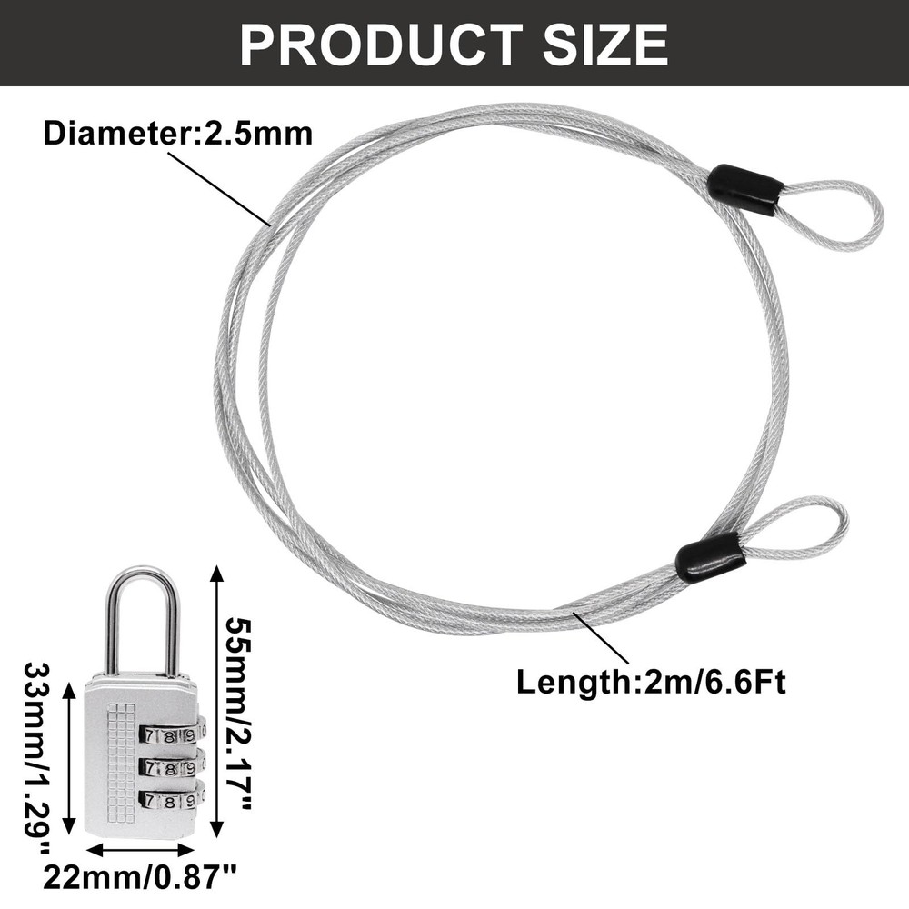 S SYDIEN Cable Lock Double Loops 6.6Ft Long Silver Security Cables with Lock,...