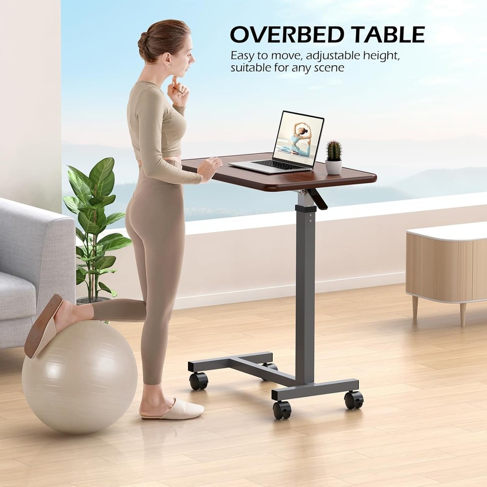 Adjustable Overbed Table with Wheels, Bedside Rolling Table, Pneumatic Height Ad
