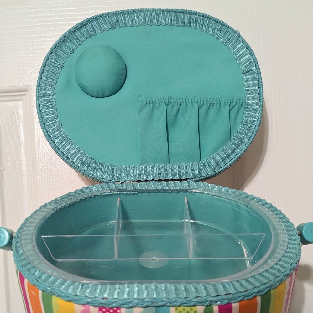 Rainbow-striped and butterfly-patterned small sewing basket/kit/storage