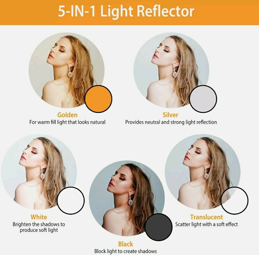 42" 5In1 Photography Round Light Reflector Collapsible Multi Disc Light Diffuser