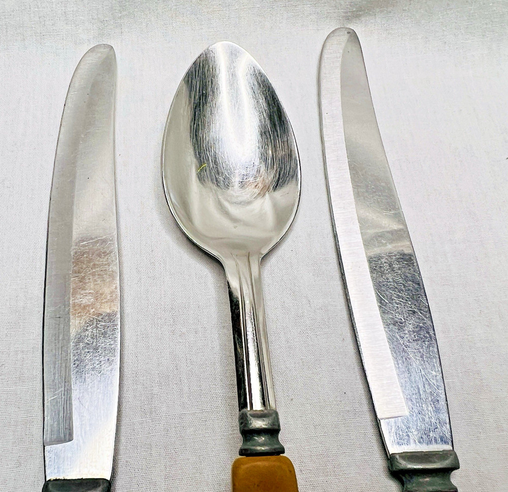 Art Deco 2-Tone Butterscotch & Red Bakelite Stainless Flatware Silverware ~ 3 pc