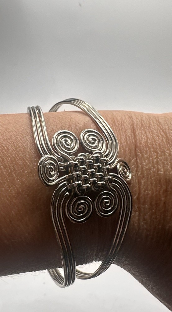 Boho Silver Tone Wire Wrapped Cuff Bracelet Artisan Scroll Modernist Statement