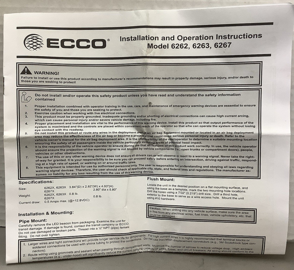 ECCO 6262A Strobe Amber LED Warning Light 12-80VDC (B660)