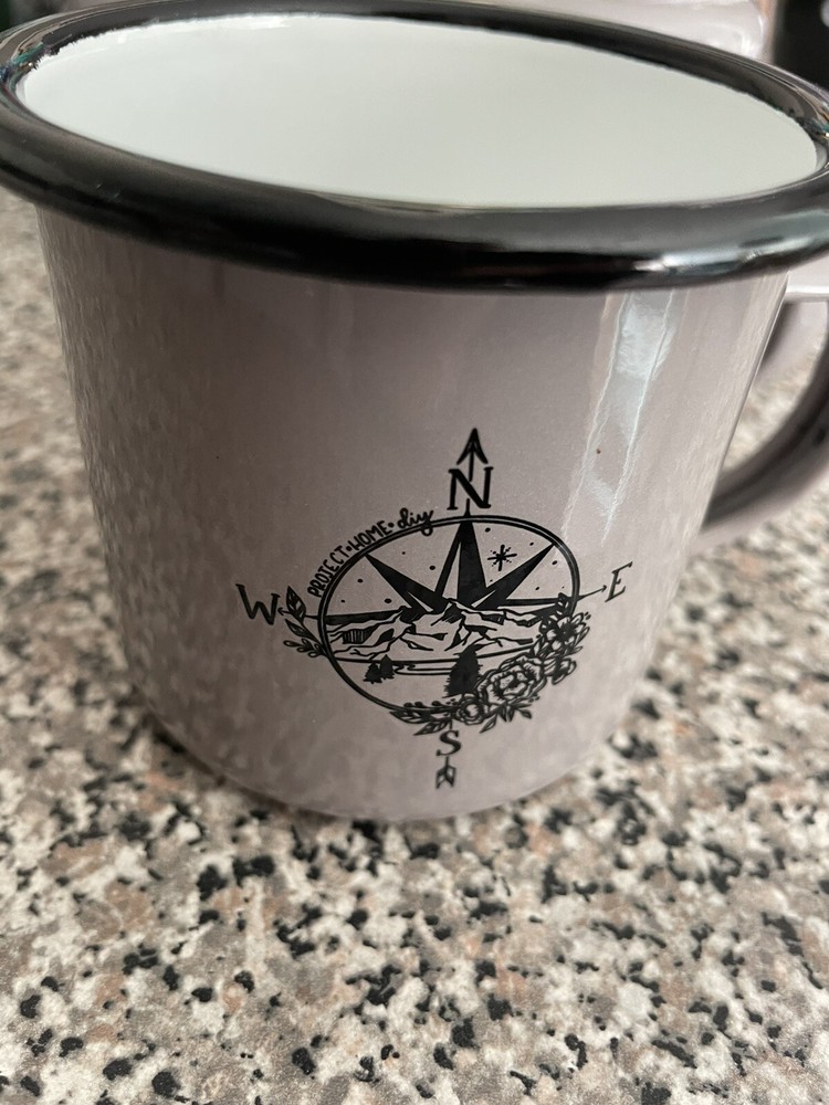 Set Of 2 Gray Compass Enamelware Cups