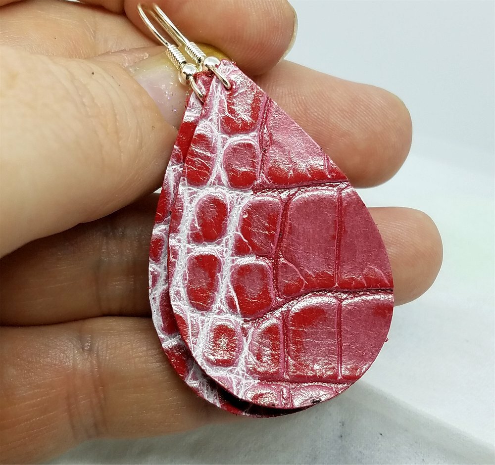 Red Embossed Tear Drop Shaped Leather Earrings with Silver Highlighting