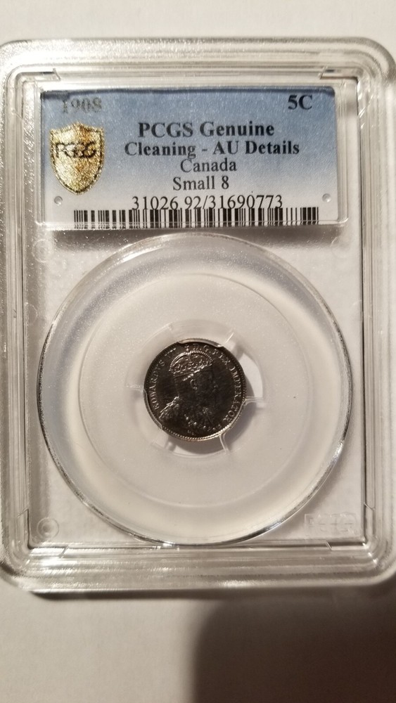 CANADA FIVE CENT 1908 AU PCGS,  SMALL 8
