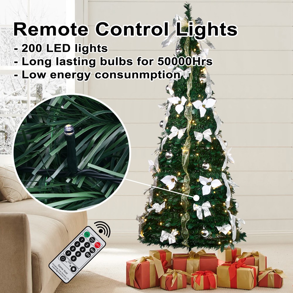 6.5 Ft Pre-lit Pull Up Christmas Tree with Remote & LED Lights For Party Decor